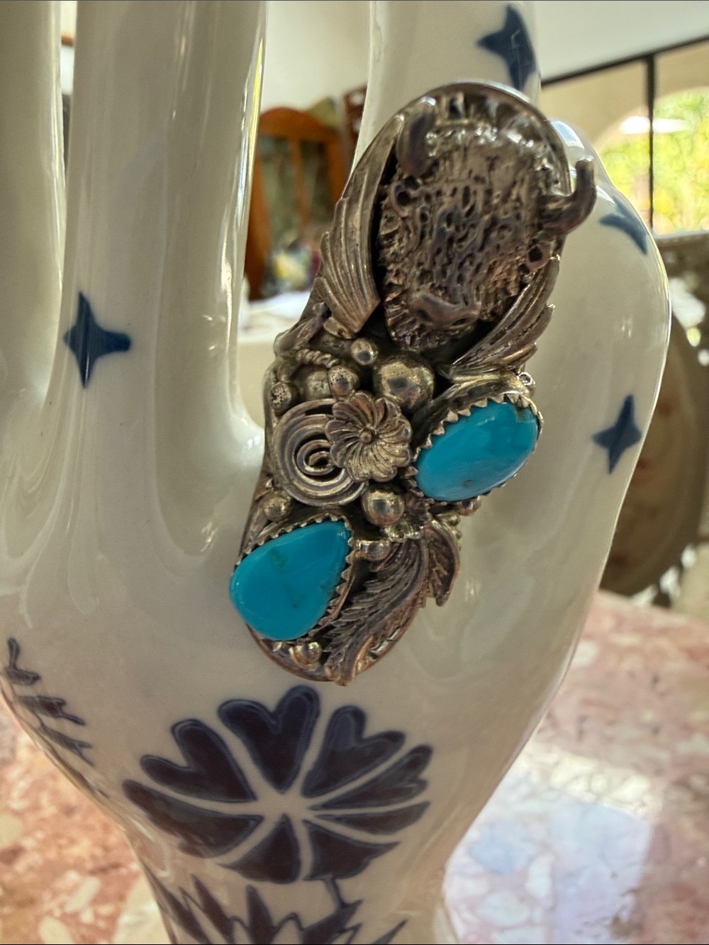 Turquoise and Silver Floral Buffalo Ring - Handcrafted Western Style